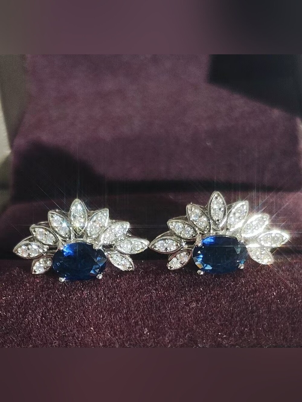 White Rhodium Sapphire Blue Crystal Stud Earrings - Picture 2 of 3